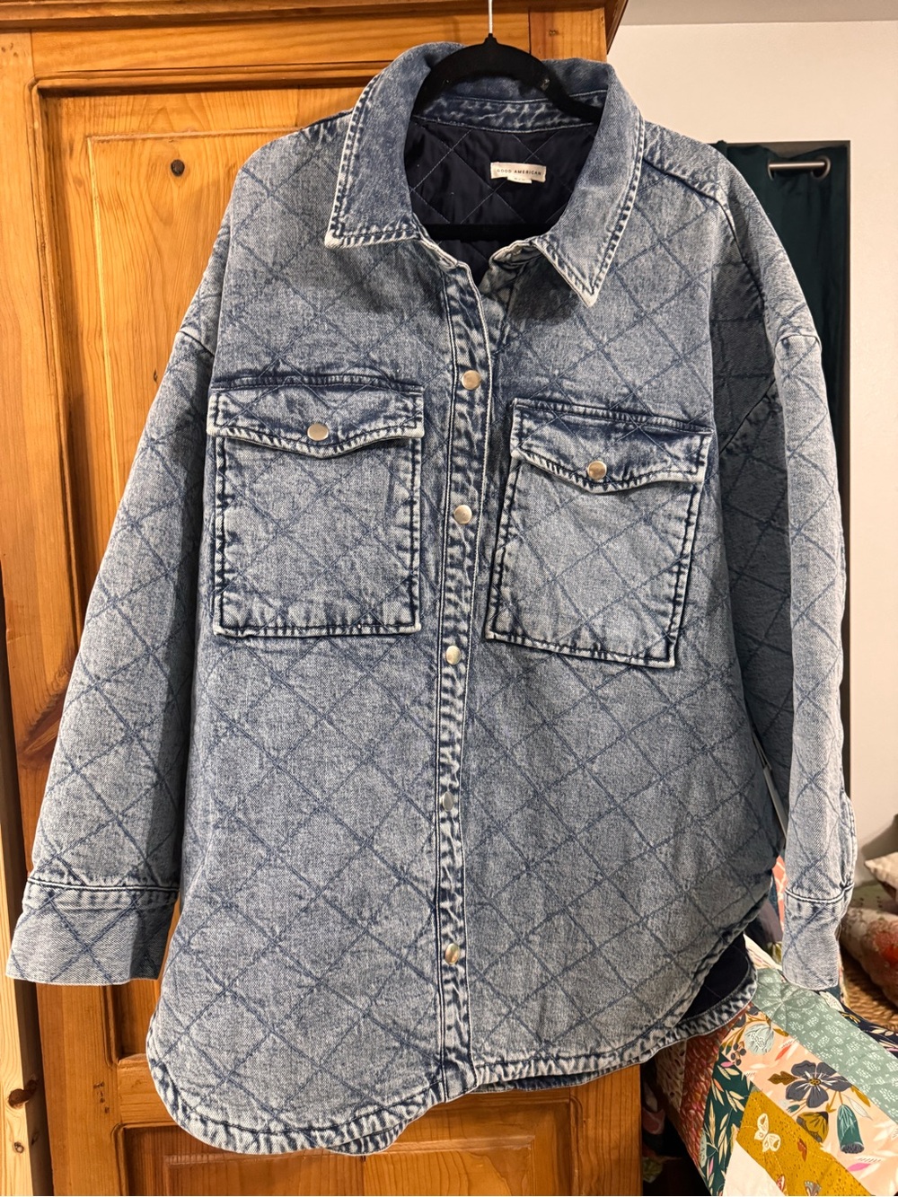 Good American Quilted Light Blue Denim Shacket